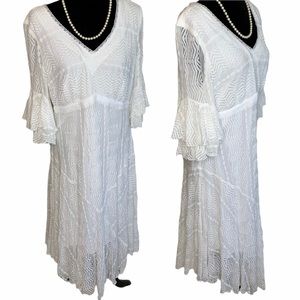 Rabbit White Lace V Neck Bell Sleeve Midi Dress 16